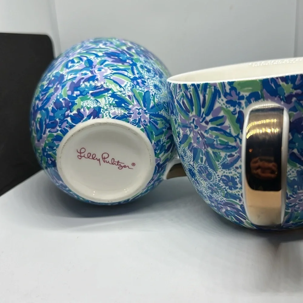 COPY - Extra Lg Set o/2 Lilly Pulitzer Ceramic Cups Blue/Purple/Green w/Golden …